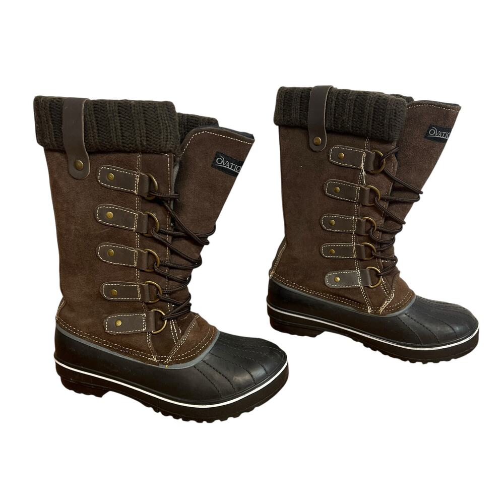 Ovation Women's Boot Snow Rain Duck Rubber Lace Up Brown Suede Knit 37 US6.5